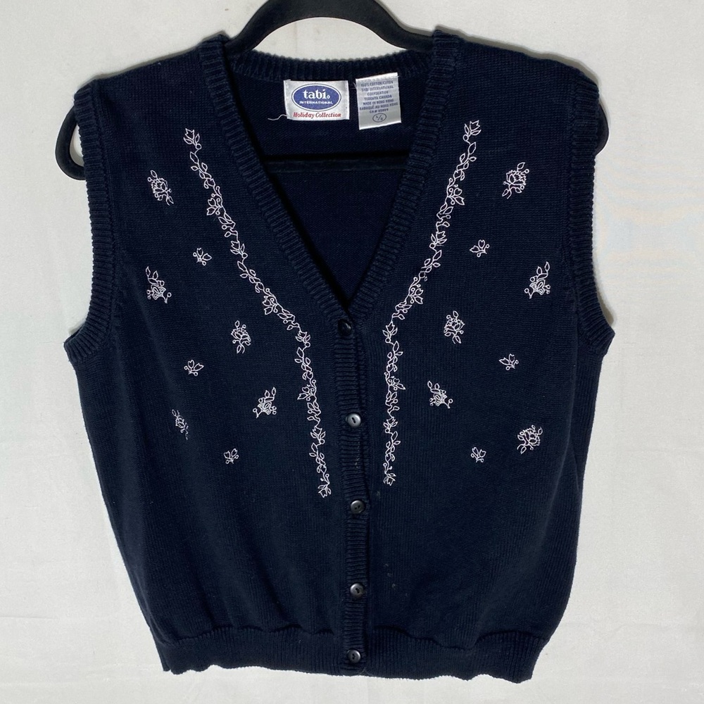 Vintage Tabi Navy Blue Knit Embroidered Sweater Vest L Cottagecore Grannycore